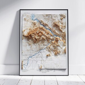Whipple Mountains & Parker, Arizona/Californië ~ Vintage schaduwrijke reliëf platte 2D kaart afdrukken ~ Poster Wall Art Decor topografie