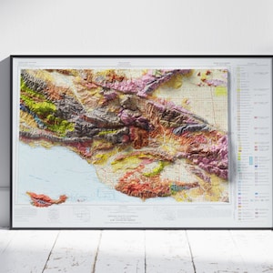 Carte géologique du sud de la Californie en relief ombragé 2D ~ impression affiche murale Art déco topographique - Los Angeles, Oxnard, Santa Barbara