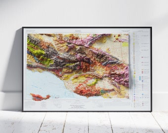 May include: A vintage-style topographic map of Los Angeles, California, featuring detailed elevation contours and colour-coded terrain features. The map is framed in black and includes a legend with colour-coded elevation ranges.