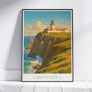 Cartel de viaje de Cabo da Roca / Impresión de arte del faro de Portugal / Decoración de la pared costera de Europa Occidental / Recuerdo vintage de Portugal