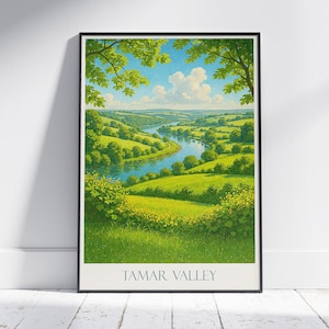 Tamar Valley Reiseplakat, England Flusslandschaft Kunstdruck | Idyllische UK Naturwanddekor | Grüne Landschafts-Szene