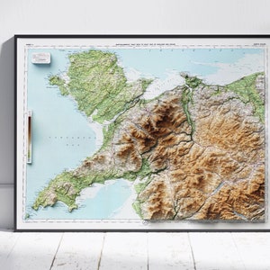 Nord du Pays de Galles, Anglesey et Snowdonia style vintage, carte en relief ombragé 2D de style plat ~ impression affiche murale Art déco topographie