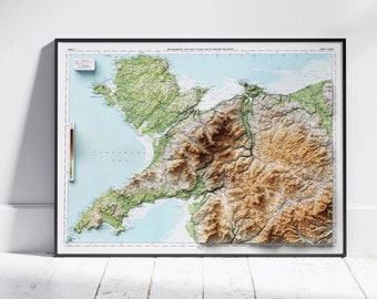 North Wales, Anglesey & Snowdonia Vintage Style Flat 2D Shaded Relief Map ~ Print Poster Wall Art Decor Topography