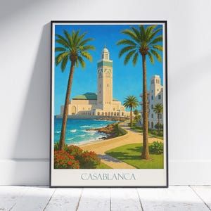Casablanca Travel Poster | Morocco Hassan II Mosque Wall Art Print | Coastal City Home Decor | North Africa Vacation Gift