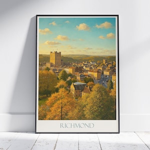 Poster di viaggio di Richmond, Inghilterra, vista del tramonto sul castello / stampa artistica da parete dipinta in autunno / arredamento per la casa con paesaggio urbano del Regno Unito