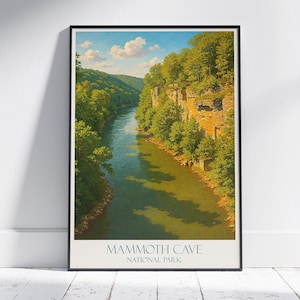 Poster di viaggio del Parco nazionale di Mammoth Cave / Stampa artistica da parete del Kentucky / Decorazione per la casa in stile vintage / Regalo personalizzato con cornice