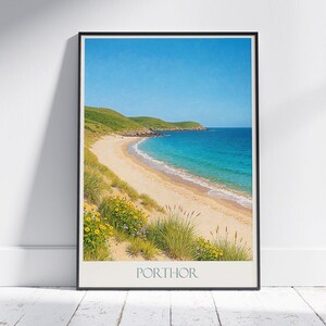 Whistling Sands Reiseplakat | Porthor Strand Kunstdruck | Wales Küstenwand Kunst | Serene Landschaft Dekor