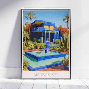 Jardin Majorelle Travel Poster, Marrakech Morocco Art Print | Iconic Blue Garden Wall Art | Moroccan Home Decor Gift