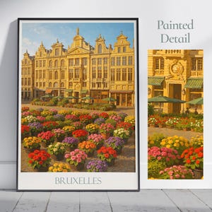 Brussels Grand Place Travel Poster | Belgium Painted Wall Art Print | Vibrant Flower Market Home Decor | Vacation Gift