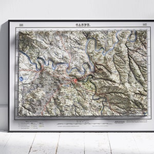 Caspe, Spanien ~ Vintage schattierte Relief flache 2D Karte ~ Poster Wand Kunst Dekor Topographie