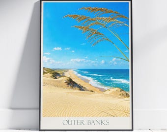 Poster di viaggio di Outer Banks, Carolina del Nord: stampa artistica dipinta con scene di dune costiere e spiaggia