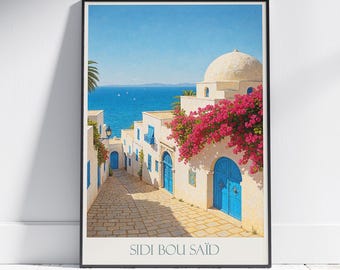 Poster di viaggio di Sidi Bou Said: stampa artistica dell'architettura costiera tunisina