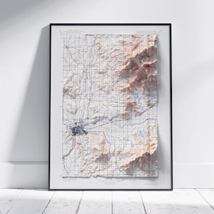 Spokane, Washington & Idaho ~ Vintage schattierte Relief flache 2D Karte ~ Poster Wand Kunst Dekor Topographie