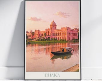 Póster de viaje de Daca, Bangladesh: Impresión artística pintada del Palacio Rosa de Ahsan Manzil