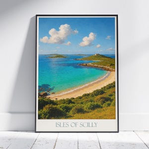 Isles of Scilly Reiseplakat, Küstenlandschaft Kunstdruck | UK Island Dekor | Serene Beach House Wandkunst