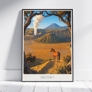 Mount Bromo Indonesia Travel Poster: Volcano Landscape Horse Painted Art Print
