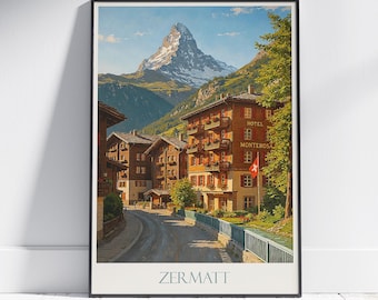 Póster de viaje al Matterhorn, Suiza: Impresión artística de los Alpes de Zermatt