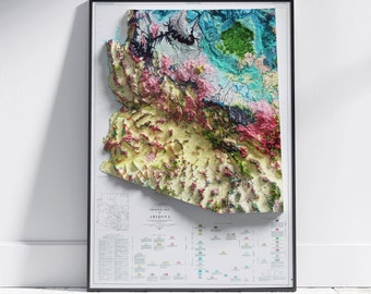 Mapa de relieve sombreado geológico 2D plano de Arizona ~ Póster impreso decoración de arte de pared topográfico