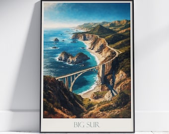 Big Sur Travel Print, Bixby Bridge ~ California Travel Poster | Painted Wall Art & Home Decor | Framed Painting Print | Vacation Travel Gift