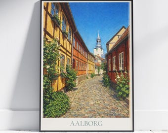 デンマーク、オールボーの旅行ポスター：旧市街の通りとブドルフィ教会を描いたアートプリント