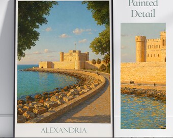 Poster di viaggio di Alessandria, Cittadella di Qaitbay, Egitto / Stampa artistica da parete dipinta / Decorazione per la casa costiera / Regalo per le vacanze con cornice