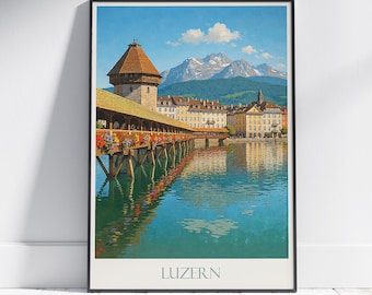 Stampa di viaggio di Lucerna ~ Poster di viaggio in Svizzera, arte murale, decorazione per la casa, regalo personalizzato, dipinto con cornice