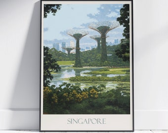 Singapore Travel Print, Gardens by the Bay ~ Travel Poster | Painted Wall Art & Home Decor | Framed Painting Print | Vacation Travel Gift