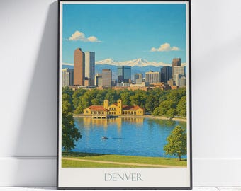 Denver Colorado Travel Poster: City Park & Rocky Mountains Art Print