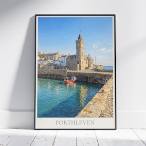 Porthleven Cornwall Travel Poster: Harbour Clock Tower Painted Art Print