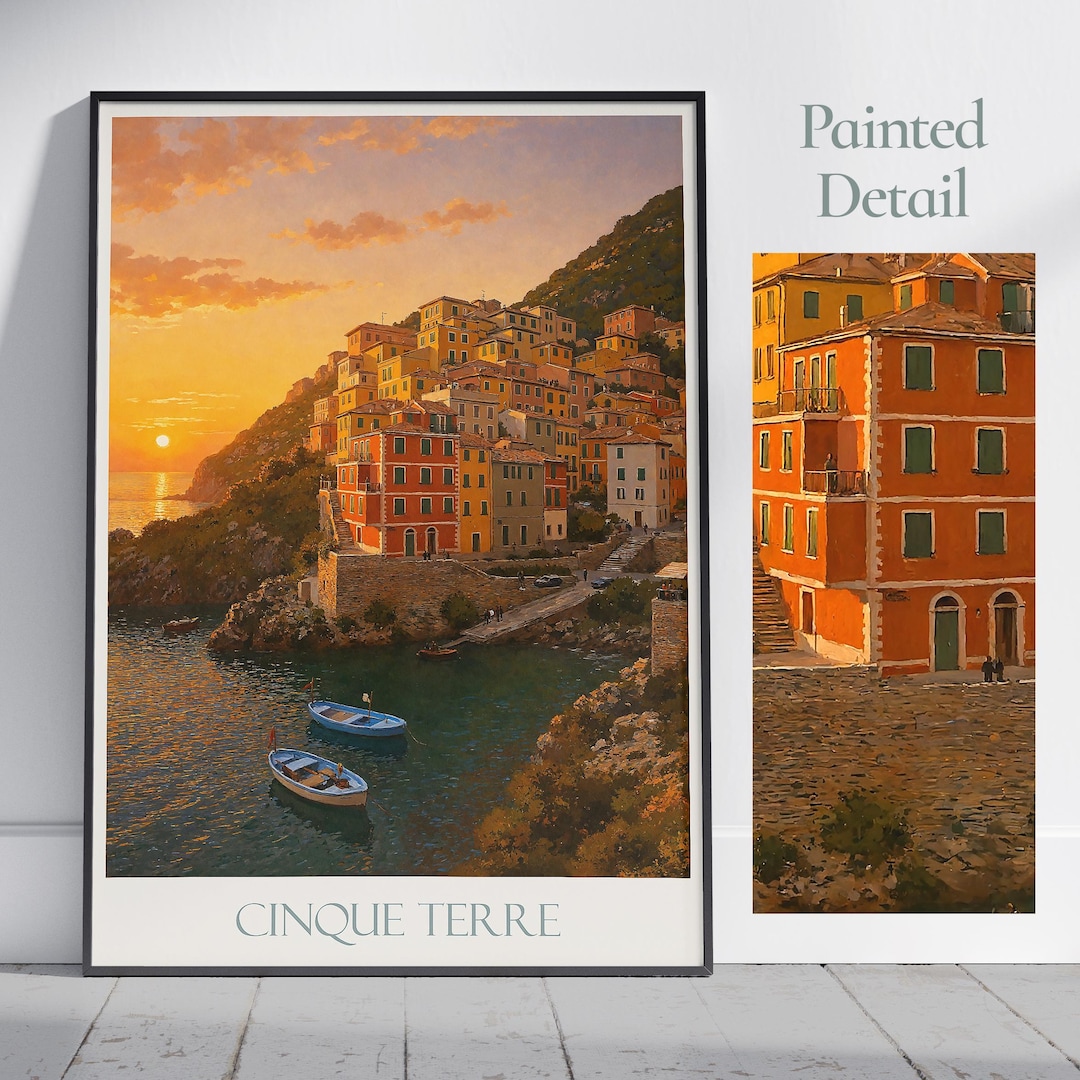 Cinque Terre Travel Poster, Sunset ~ Italy Painted Wall Art Print ...