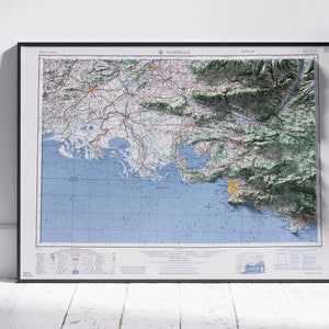 Carte en relief ombragé vintage de Marseille et de la Provence, impression 2D à plat ~ affiche murale art déco topographie