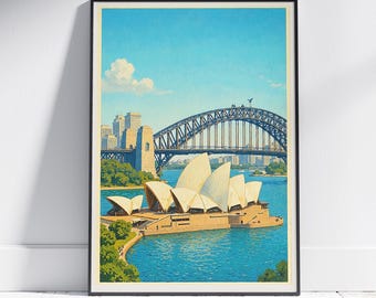 Sydney Opera House-tryck: Reseposter för Australien, utsikt över Harbour Bridge