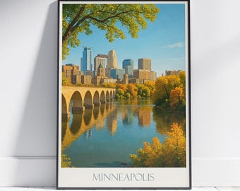 Minneapolis Travel Poster: Stone Arch Bridge, Autumn Cityscape