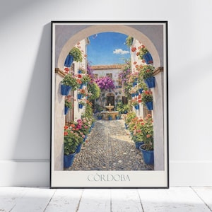 Poster di viaggio in Spagna a Córdoba: Patios de Córdoba, stampa artistica dipinta con cortile andaluso