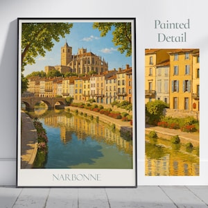 Narbonne Travel Poster, Canal de la Robine | Southern France Wall Art Print | Painted Cityscape Home Decor | Framed Personalized Gift