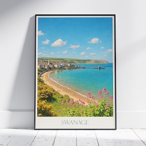 Swanage Travel Poster | Dorset Seaside Beach Print | England Coastal Wall Art | Vintage Style Home Decor