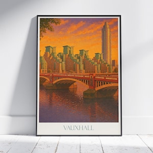 Póster del atardecer en el puente de Vauxhall en Londres / Impresión artística del paisaje urbano del río Támesis / Decoración de pared para viajes por el Reino Unido
