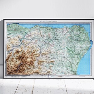 Buchan, Schotland ~ Vintage stijl platte 2D schaduwrijke reliëf kaart afdrukken Poster Wall Art Decor