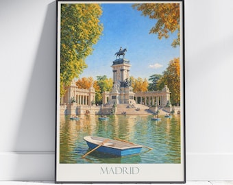 Madrid Retiro Park Boating Travel Poster | Vintage Style Art Print | Spain Home Decor Gift
