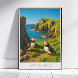Poster di viaggio con pulcinelle di mare delle isole Farne / Stampa artistica con uccelli costieri / Decorazione murale con fauna selvatica del Regno Unito / Regalo unico per gli amanti della natura