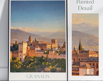 Impresión de viaje a Granada, España: Palacio de la Alhambra, estilo pintado