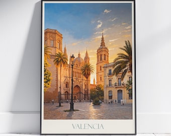 Impresión de viaje a Valencia ~ Póster de viaje a España / Impresión de arte mural pintado y decoración del hogar / Impresión personalizada enmarcada / Regalo de viaje de vacaciones