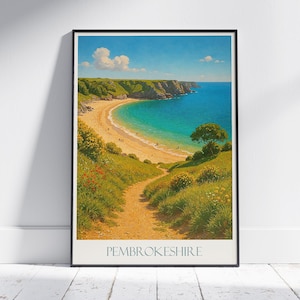 Pembrokeshire Travel Poster, Barafundle Bay ~ Wales Painted Wall Art Print & Home Decor | Framed Personalized Vacation Gift