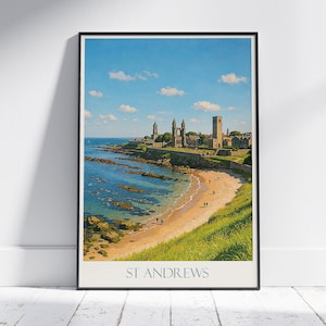 St Andrews Travel Poster, Scotland Coastal View ~ Cathedral Ruins Wall Art Print | Scottish Home Decor | Personalized Vacation Gift