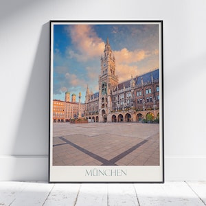 Munich Travel Print, Marienplatz ~ Germany Travel Poster Wall Art Home Decor Gift Personalized Framed