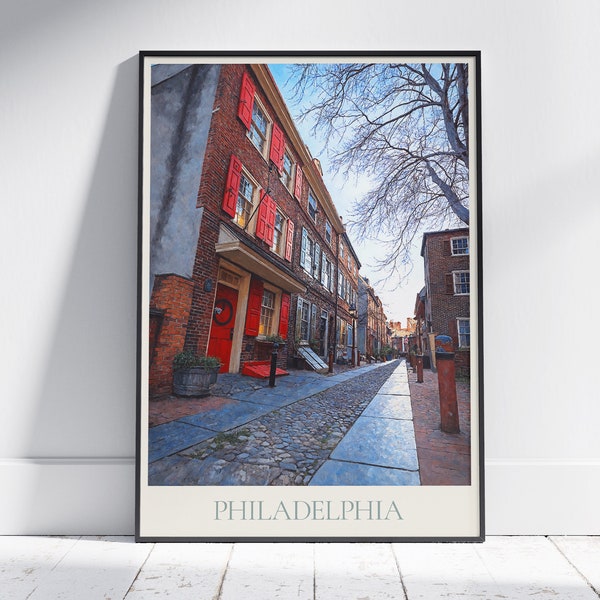 Philadelphia Travel Print, Elfreth's Alley ~ Pennsylvania Travel Poster Wall Art Home Decor Gift Personalized Framed