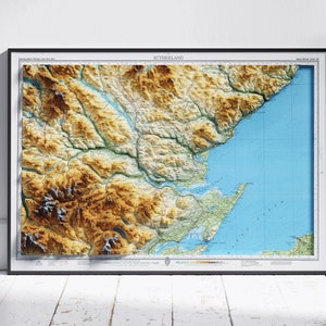 Sutherland, Schotland ~ platte 2D gearceerde reliëfkaart Vintage Atlas stijl print poster Wall Art decor