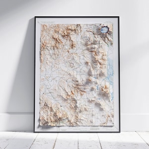 Ashland & Crater Lake, Oregon ~ Vintage schaduwrijke reliëf platte 2D kaart afdrukken ~ Poster Wall Art Decor topografie
