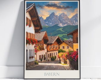 Reisposter Bavaria: rustiek Duits dorp, Alpen Art Print
