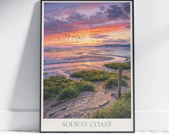 Solway Coast Travel Poster: Cumbria Salt Marsh Sunset Painted Art Print